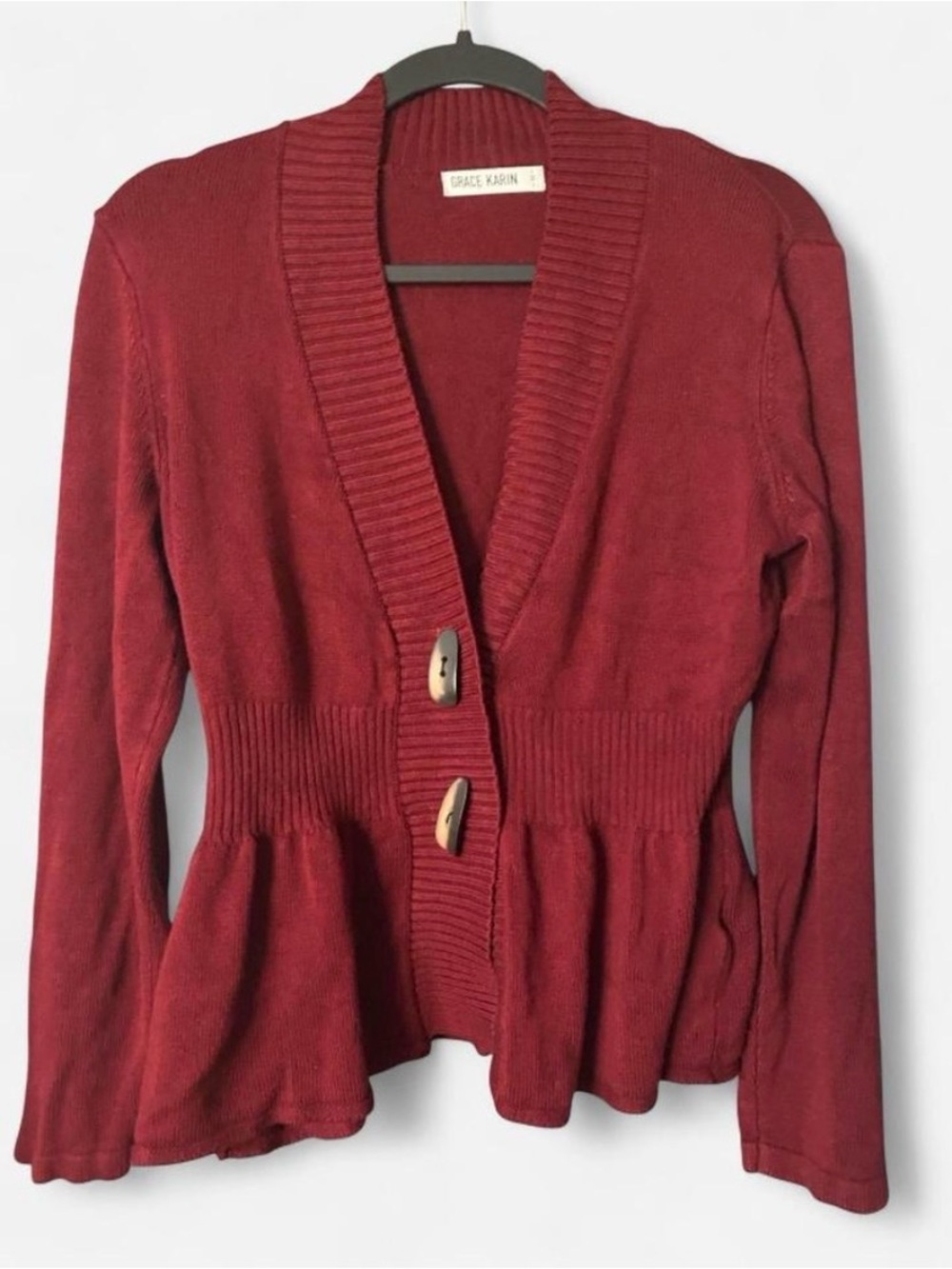 Grace Karin Women's Burgundy Ribbed Peplum Cardigan with Button Front